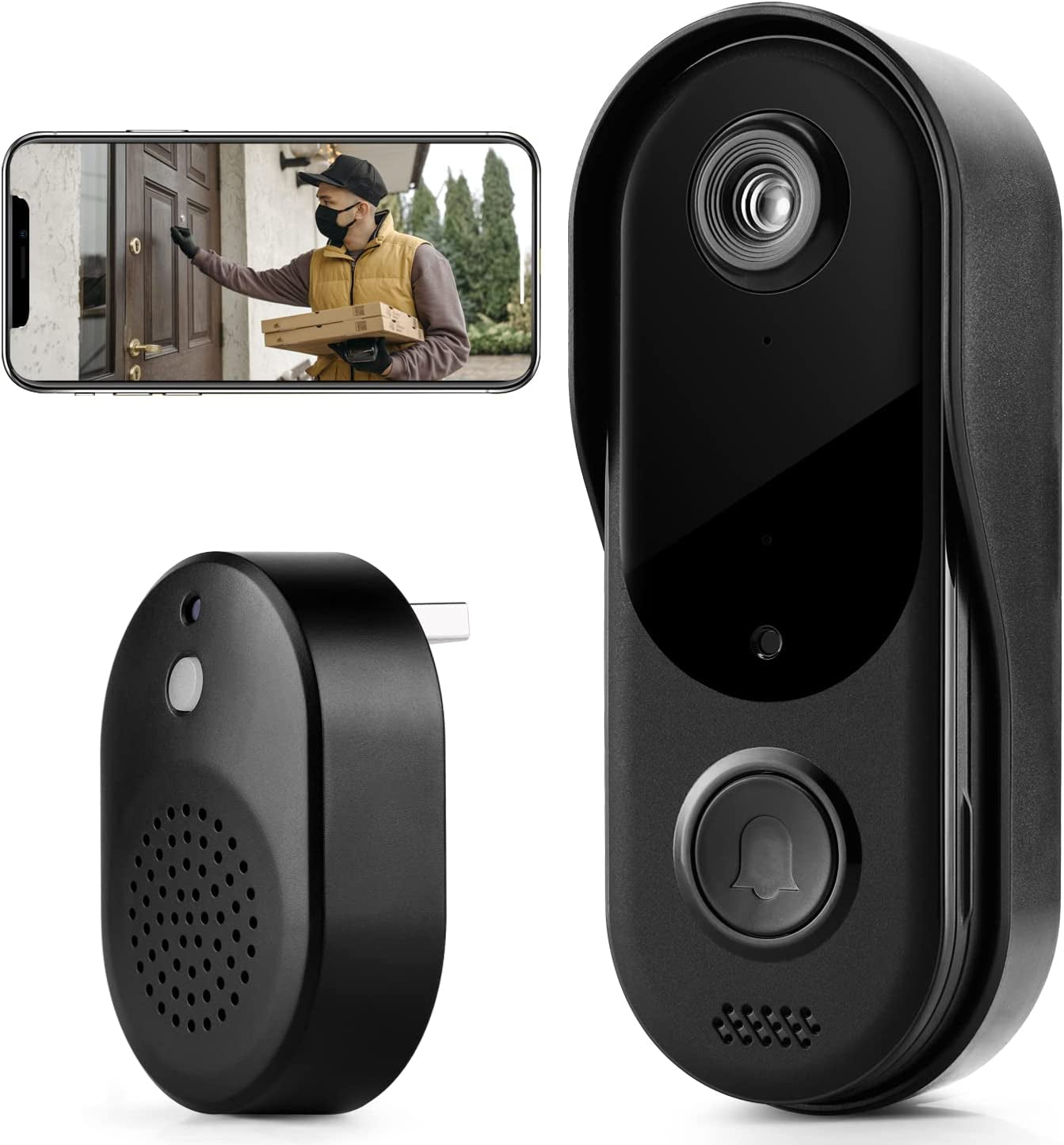 Doorbell Camera Wireless Wifi Video Doorbell IP65 Waterproof, Battery Powered,2-Way Audio, Smart Ir,Wide Angle,Cloud Storage,2.4G Wifi